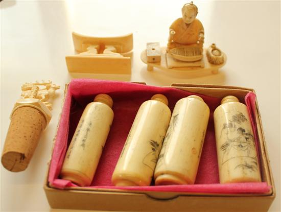 4 Chinese bone snuff bottles and other ivories